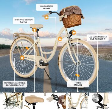 Жіночий міський велосипед MILORD Comfort з плетеним кошиком, вінтажний, 26, 28 дюймів, 1 швидкість, кремово-коричневий, 28 дюймів