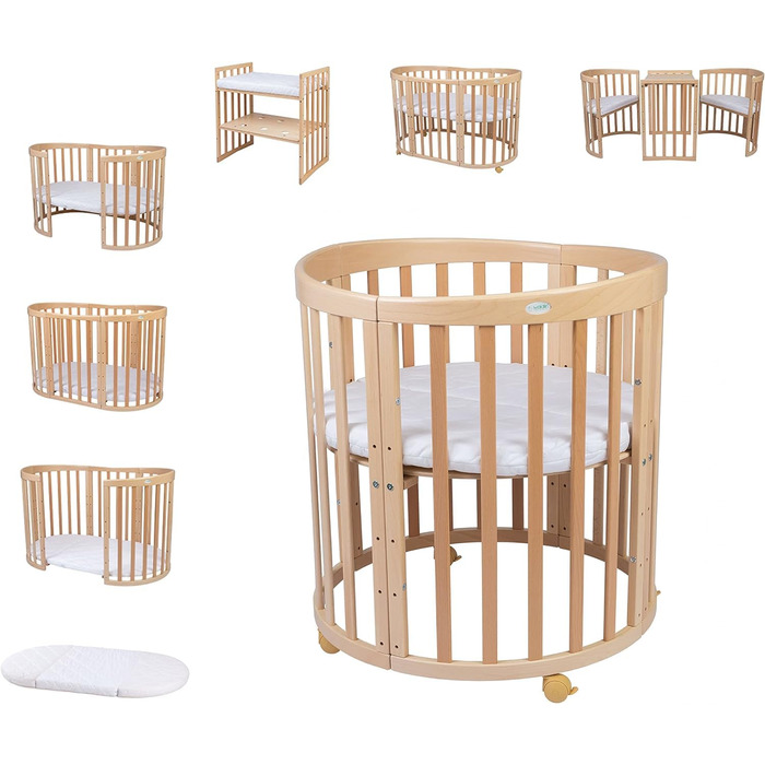 Дитяче ліжко Waldin Oval, комплект трансформованого 7-в-1, ліжечко, дитяче ліжечко з матрацом, пеленальний столик, приліжкове ліжечко, натуральне дерево, комплект тканини не входить до комплекту