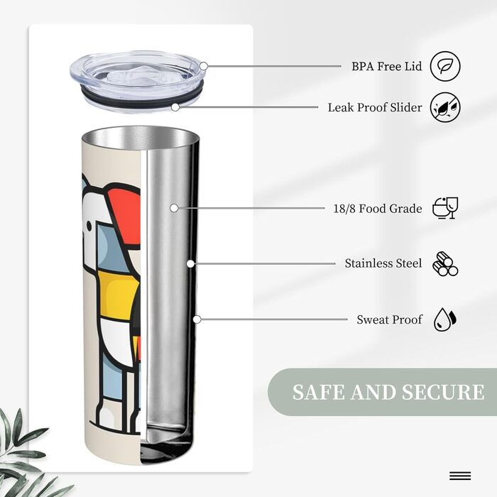 Кухоль з прямою трубочкою, дизайн абстракціонізм Мондріана, дрібний анімалістичний принт, дорожній кухоль, підходить для кемпінгу, офісу та дому, 590 мл