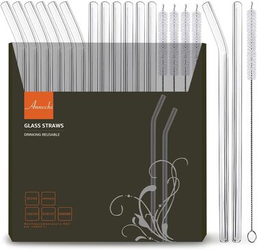 Скляні соломинки багаторазові 16 шт. - 6 прямих скляних соломинок і 6 вигнутих скляних соломинок 21,5см з 4 щітками для чищення, п