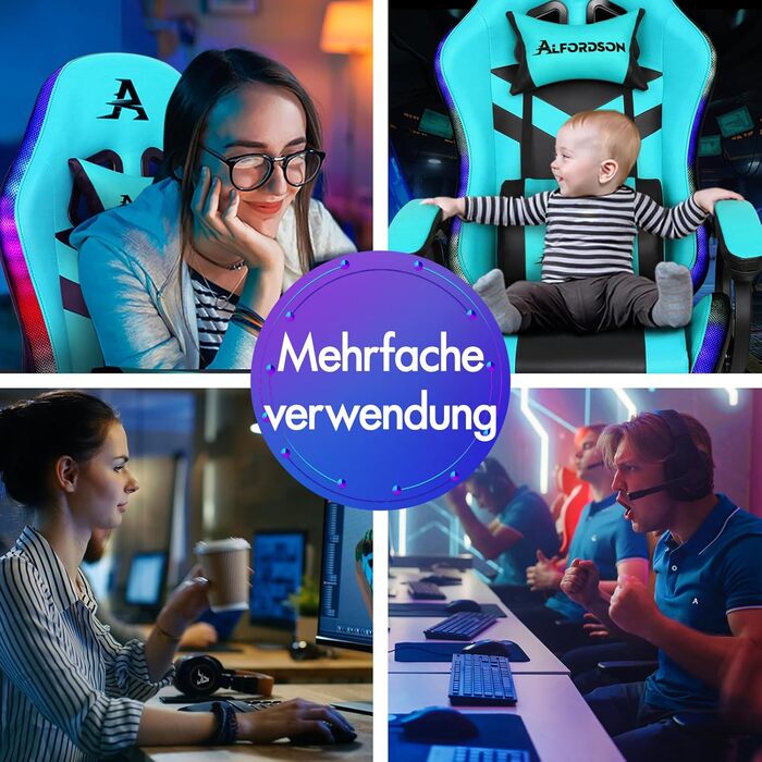 Ігрове крісло ALFORDSON, світлодіодне гоночне ігрове крісло з 12-кольоровим RGB-підсвічуванням, масажне ігрове крісло з поперековою опорою, підставкою для ніг, матеріал PU, блакитний колір Marc - серія Cyan Marc