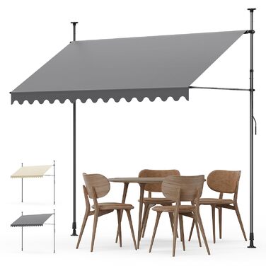 Тент-затискач сірий (250 x 175 см) Балконний тент без свердління Тент-затискач з ручним приводом Водонепроникний та сонцестійкий 250 x 175 см