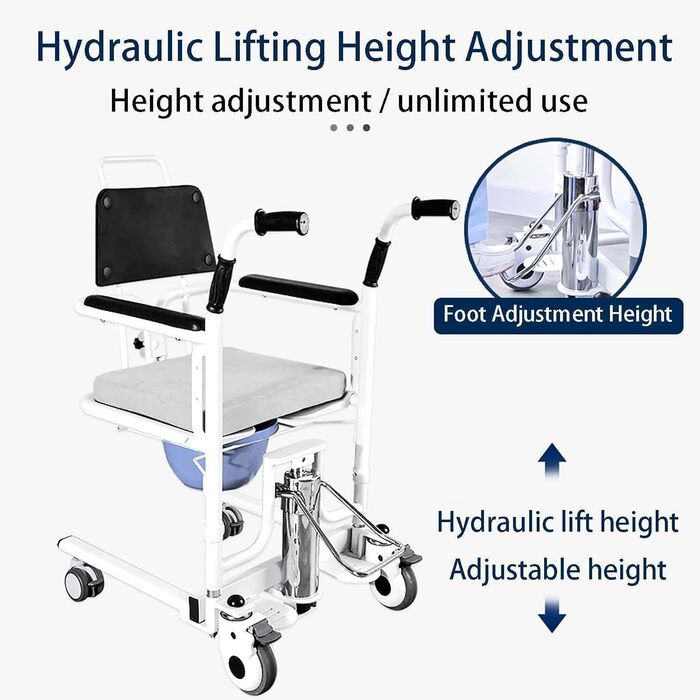 Крісло для перенесення підйому пацієнта, гідравлічне крісло для підйому пацієнта, портативний допоміжний засіб для підйому пацієнта з розділеним сидінням і туалетом на 180, багатофункціональна машина для зміни для дому