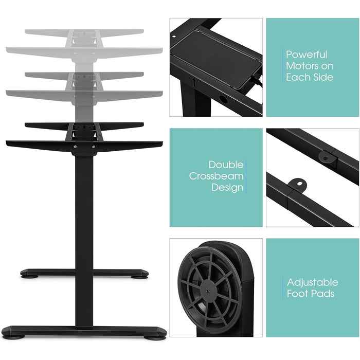 Електрична настільна підставка LIFEZEAL з регульованою висотою, рама столу з 2 двигунами та функцією захисту від зіткнень, рама столу з регульованою шириною та довжиною (чорна)