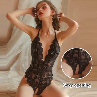 Жіноче мереживне боді Teddy, чорний, глибокий V-виріз