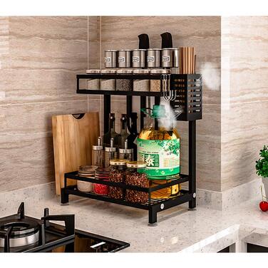Постійна полиця для спецій OHMG, 3-рівнева кухонна полиця для банок зі спеціями, органайзер для кухонної стільниці, металевий органайзер для зберігання на робочій поверхні з тримачем для посуду, тримачем для обробної дошки (34*21*41,7 см (2 шари))