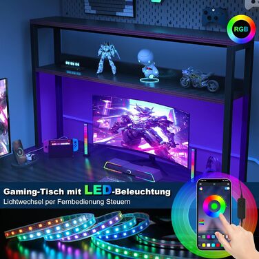 Кутовий ігровий стіл Devoko 155x100 см - світлодіодне освітлення, 2 розетки 2 USB-порти, чорний - Комп&39ютерний стіл із місцем для зберігання для геймерів та домашнього офісу 155 x 100 см, чорний