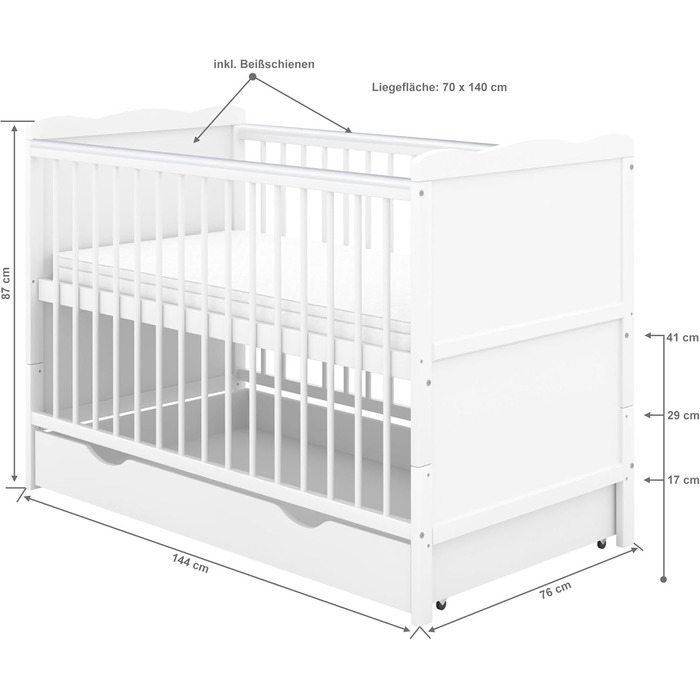 Дитяче ліжечко 70x140 біле, що трансформується в дитяче ліжко Jack з шухлядою