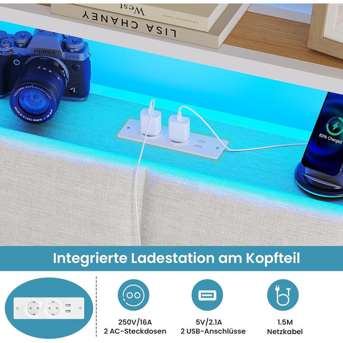 Ліжко 180x200 з металевою рейковою основою, двоспальне ліжко 180x200 см зі світлодіодним підсвічуванням, каркас ліжка 180x200 см з узголів&39ям та зарядною станцією (2 розетки змінного струму, 2 USB-порти) Сучасне, Білий Білий 180x200см