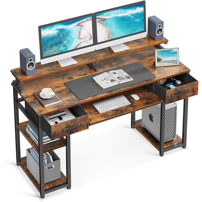 Стіл ODK, комп'ютерний стіл з висувними ящиками, 120x48x90см, дерев'яний стіл зі знімною полицею, офісний стіл з лотком для клавіа