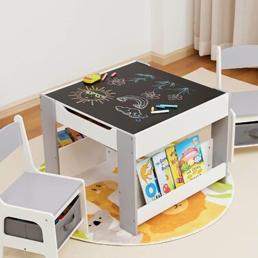 Дитячий стіл Yorbay з 2 стільцями, дерев&39яний дитячий комплект меблів з місцем для зберігання та книжковими полицями, стіл для малювання 3 в 1, стіл для активності та стіл для гри в клас, дитяча кімната, ігрова кімната, для дошкільнят (сірий)