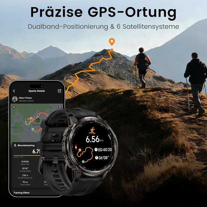 Розумний годинник KOSPET TANK T4C для чоловіків зі світлодіодним підсвічуванням, 1,5-дюймовим AMOLED-дисплеєм, дводіапазонним GPS та компасом, наддовгим часом автономної роботи, цілодобовим відстеженням серцевого ритму та сну, водонепроникністю до 50 м, д