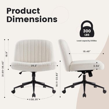 Офісне крісло IWMH без підлокітників, регульоване по висоті поворотне крісло з колесами, письмове крісло з оббивкою з тканини Teddy, крісло для читання з ширшою подушкою для сидіння зі схрещеними ногами (біле з колесами) Teddy White з колесами