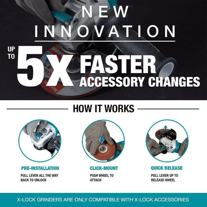 В Li-Ion LXT 125 мм безщіткова кутова шліфувальна машина X-Lock - акумулятори та зарядний пристрій не входять до комплекту постача