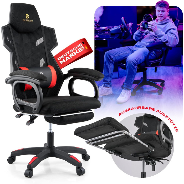 Ергономічне ігрове крісло BARBERIO, офісне крісло, вантажопідйомність 150 кг, повітропроникна сітка, з підставкою для ніг, регульовані підлокітники, сидіння 54 см, поворот на 360, подушка для поперекової підтримки, регульована висота (чорно-червоне)