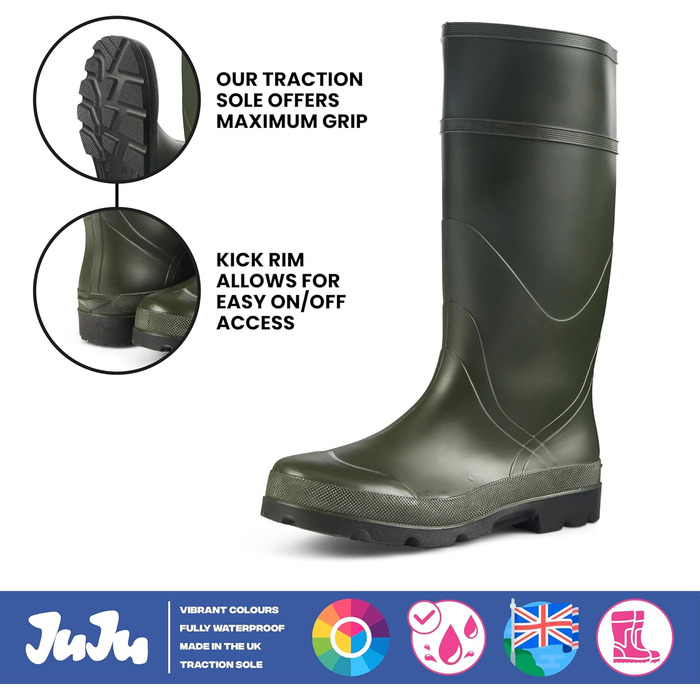 Чоловічі гумові чоботи JUJU Водонепроникні гумові чоботи до коліна Міцні чоботи з ПВХ Універсальні гумові чоботи для чоловіків, розмір 39 1/3 EU, зелені