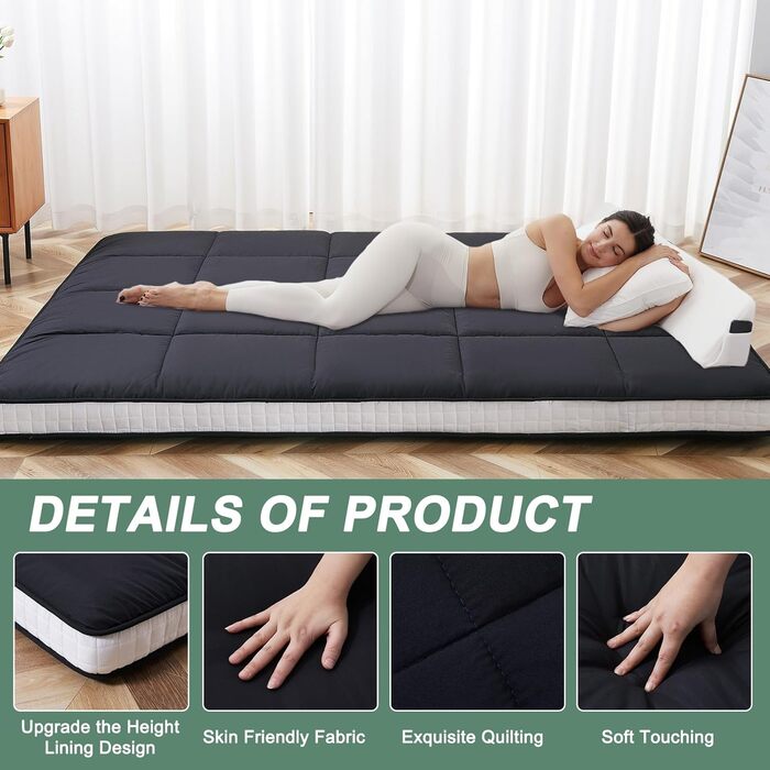 Матрац футон 140 x 200 см, розкладний матрац, товщина 10 см, японський матрац на підлозі, розкладний матрац, дихаючий лежак на підлозі, гостьове ліжко для кемпінгу, диван (чорний, повний матрац), чорний 140 x 200 см