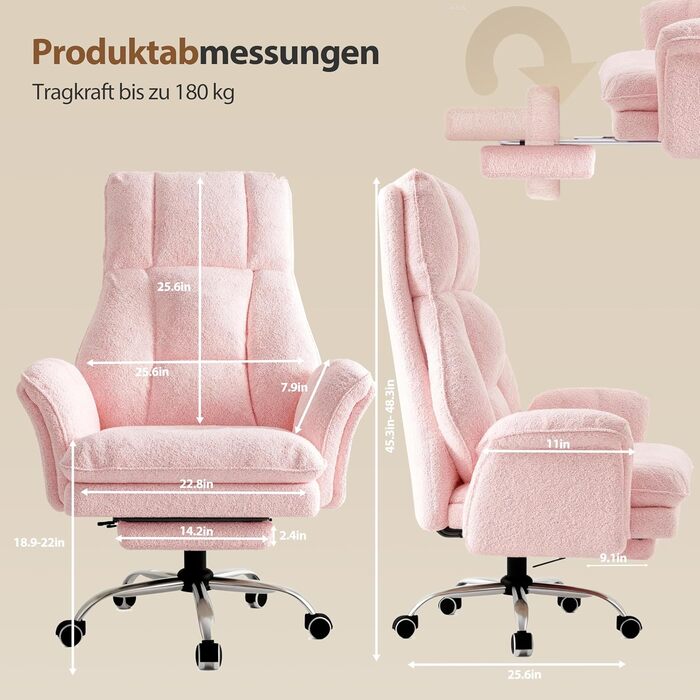 Ергономічне офісне крісло, крісло керівника, ігрове крісло з підставкою для ніг та регульованою на 135 спинкою, обертове крісло зі складними підлокітниками, крісло з високою спинкою з флісової тканини рожевий