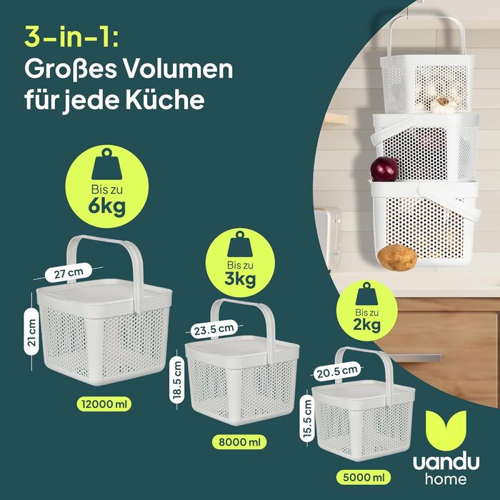 Набір із 3 ящиків для зберігання картоплі uandu Ящик для картоплі на кухню, ящик для цибулі та часнику, кухонний органайзер, білий набір із 3 предметів (5 л 8 л 12 л)