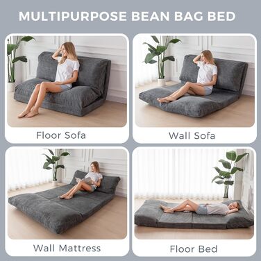 Ліжко-мішок MAXYOYO, розкладне, вельветовий диван-ліжко, матрац для дорослих, надзвичайно товстелезне, складається в 4 сторони, диван-ліжко для спальні, вітальні, антрацитово-сірий, 135 x 240 см