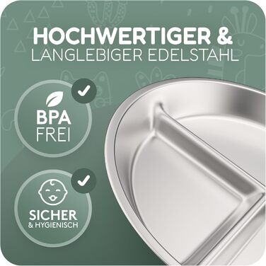 Дитячий набір посуду з нержавіючої сталі mamou, 6 предметів Тарілка та миска з кришкою, столові прибори та нагрудник Без бісфенолу А, гігієнічний та несмачний Екологічний та довговічний Дитячий та малюковий колір