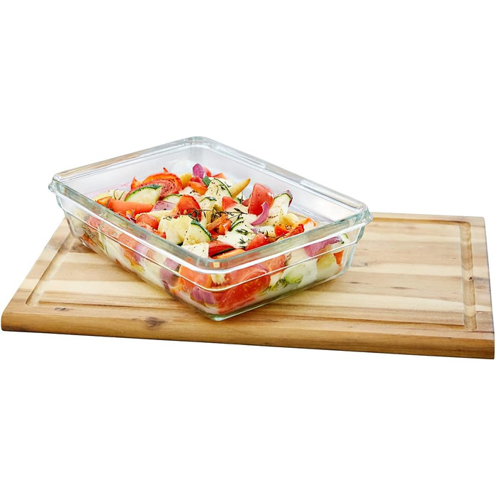 Скляна контейнер для зберігання продуктів, прямокутна, 0.45 л, 100 герметична, стійка при штабелюванні, скляний контейнер придатний для миття в посудомийній машині, морозильної камери, духовки та мікрохвильової печі, червоний, прозорий, N10511 прямокутна 