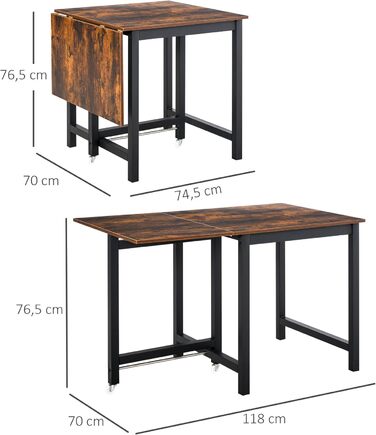 Розкладний прямокутний обідній стіл HOMCOM для 4-6 осіб на колесах, металевий обідній стіл 118 x 70 x 76,5 см, коричневий