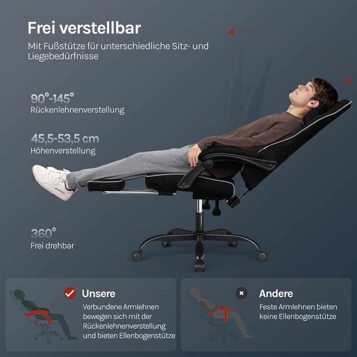 Ігрове крісло WOLTU, тканина зі зручною пружинною подушкою, прохолодне влітку, ергономічне ігрове крісло високої вантажопідйомності з підголівником, поперековою подушкою, підставкою для ніг, технічна тканина, чорний колір