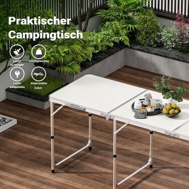 Складаний кемпінговий стіл 180x60x70см, регульована висота 54/61/70см, розкладний стіл з алюмінієвим каркасом та стільницею з МДФ, портативний багатофункціональний стіл, фуршетний стіл, кемпінговий стіл, садовий стіл, складаний