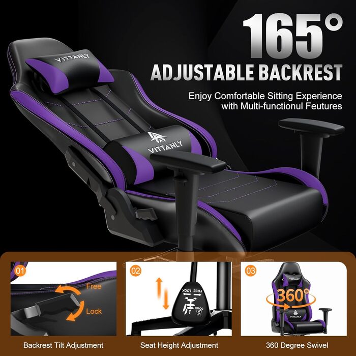 Ігрове крісло Vittanly, ергономічне ігрове крісло з підголівником та поперековою опорою, регульоване по висоті поворотне ігрове/офісне крісло з регульованою спинкою 90-165, вантажопідйомність 150 кг, фіолетове