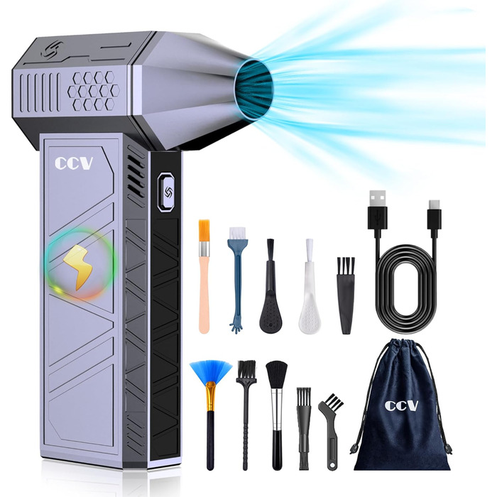 Електричний пилосос CCV, розпилювач повітря під тиском, 3 швидкості, 150 000 обертів за хвилину, стиснене повітря, батарея 3000 мАг, щітка для очищення та швидка зарядка Tepy-c, для набору для чищення ПК, автомобіля, дивана (СИНІЙ)