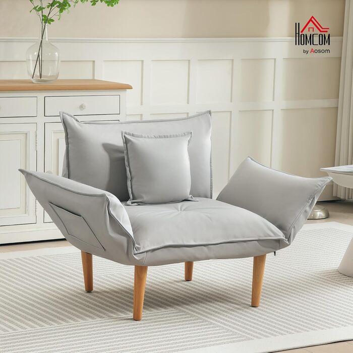 Крісло HOMCOM 2-в-1, м&39яке крісло з регульованою спинкою, м&39яке одномісне крісло з подушкою, крісло-шезлонг на дерев&39яних ніжках для вітальні, тканина з мікрофібри, світло-сірий колір