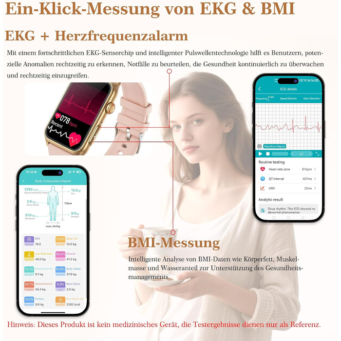 Новий смарт-годинник 2026 року для жінок з ЕКГ/годинником на батарейках/ІМТ/ВСР/монітором сечової кислоти/артеріального тиску/монітором сну/апное, 1,57-дюймовий годинник для здоров&39я та фітнесу з функцією телефону, 24-годинний монітор серцевого ритму, S