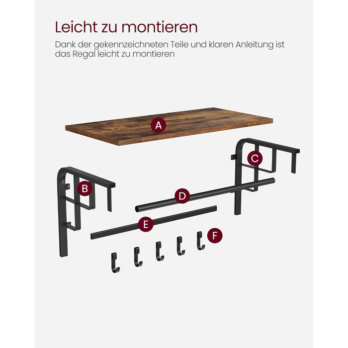 Настінна вішалка VASAGLE з полицею для зберігання, настінна полиця з 5 знімними гачками, підвісна полиця з рейкою для одягу, для п