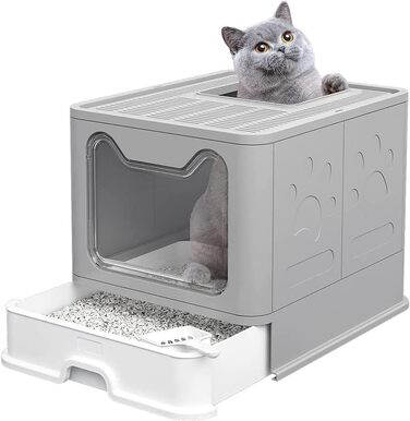 Котячий лоток, котячий туалет, з кришкою, висувний лоток, просторий для котів вагою до 15 кг, менше слідів, герметична підлога (сірий)