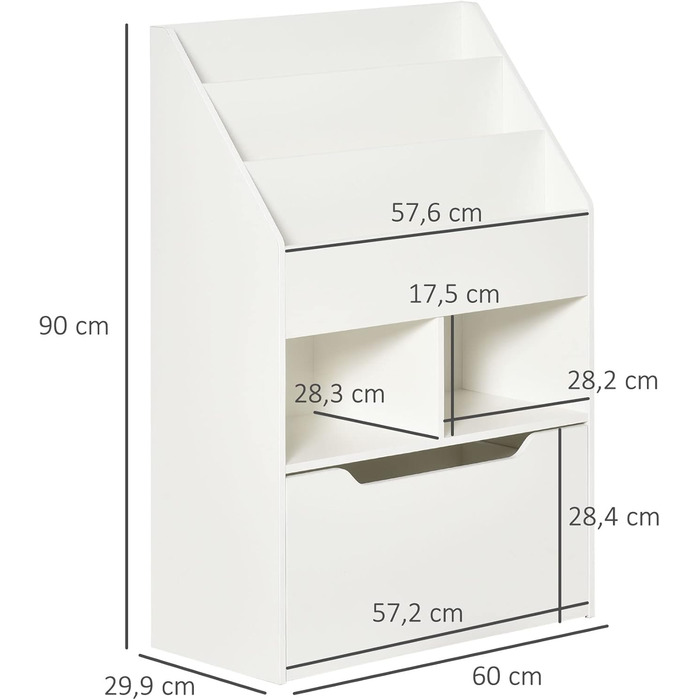 Дитяча книжкова полиця HOMCOM, Дитяча полиця з шухлядою, 3 полиці та 2 відкриті відділення, Полиця для зберігання для дитячої кімнати, Ігрової кімнати, Біла, 60 x 29,9 x 90 см