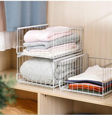 Організатор для шафи з 3 предметів, штабелювана коробка для зберігання, органайзер для шухляд шафи, металева полиця, складна система організації гардеробу для дому, білий, великий