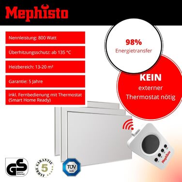 Інфрачервоний обігрівач Mephisto, настінний/стельовий окремостоячий обігрівач, енергозберігаючий електричний обігрівач, включає пульт дистанційного керування та термостат, керування через Wi-Fi додаток, 300-1200 Вт, вихідна потужність 800 Вт, аксесуари ко