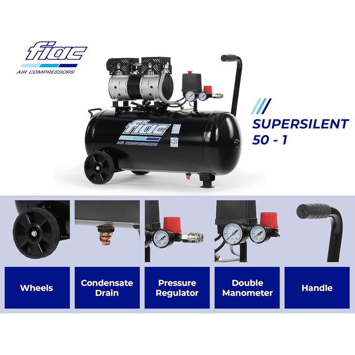 Безшумний мобільний повітряний компресор FIAC SUPERSILENT 50, безмасляний, максимальний тиск 8 бар, 1 к.с., бак 50 л, рівень шуму
