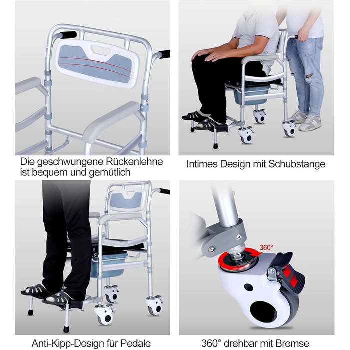 Туалетне крісло UHJKLA для спальні з колесами, регульоване по висоті крісло для унітазу, знімне відро, туалетне крісло з підтримкою рухливості та 4 стільці з замком
