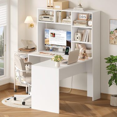 Кутовий письмовий стіл FirFurd з подовжувачем, L-подібний комп&39ютерний стіл з книжковою полицею, стіл для ПК/ноутбука для офісу, кабінету, вітальні, домашнього офісу, білий, 153 x 125 x 108 см, білий/розкішний сад