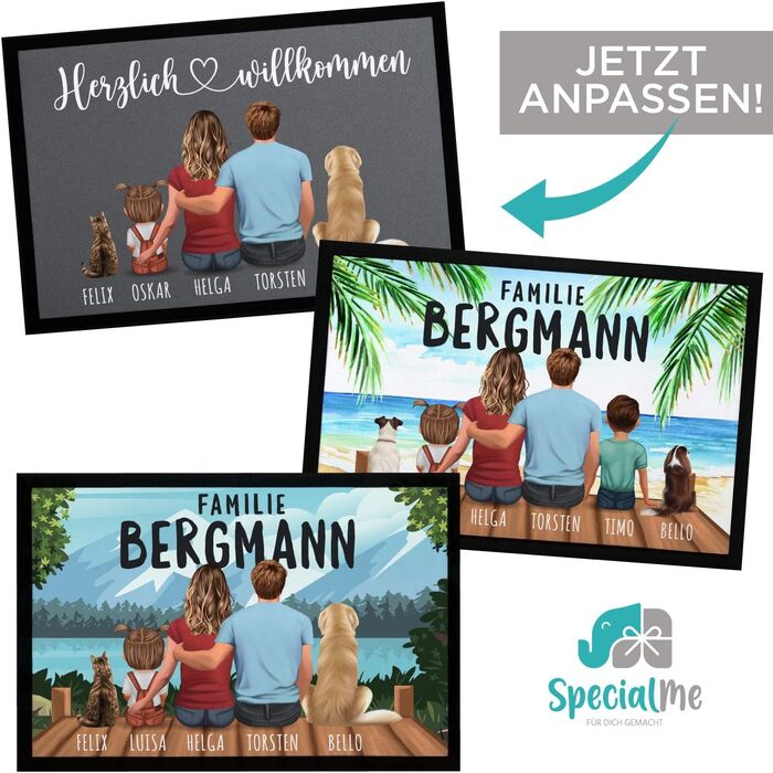 Персоналізований сімейний килимок для дверей з фігурками та іменами (1, 2, 3, 4 дітей, собака, кіт), нековзний та миється, чорний, 60x40 см