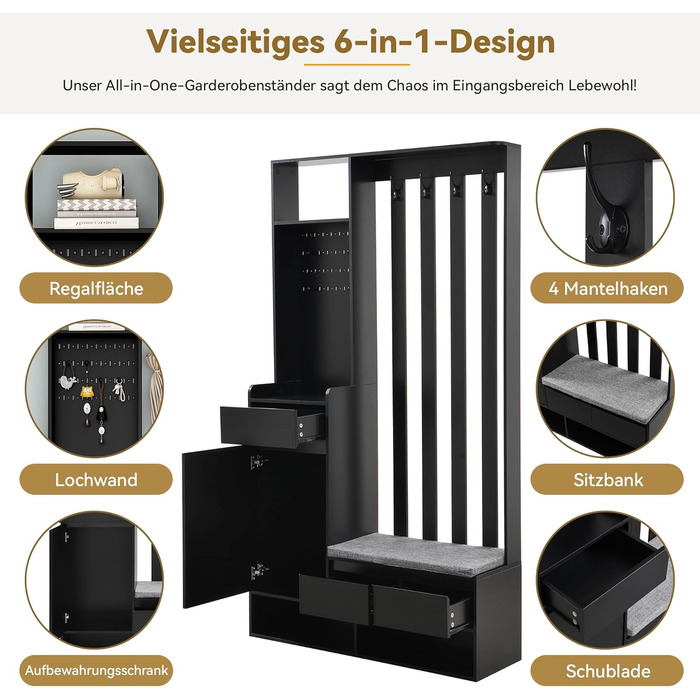 Набір вішалок для одягу Ymkua настінна вішалка, набір вішалок для передпокою з лавкою для взуття, 3 висувними ящиками і подушками,