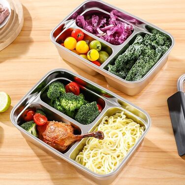 Ланчбокс з нержавіючої сталі, 1800 мл, з ручкою, герметичний, 3 відділення, придатний для використання в мікрохвильовій печі, контейнер для їжі для роботи, школи або пікніків (чорний)