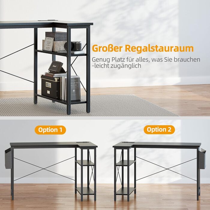 Ігровий стіл BEXEVUE L-подібної форми, 140 x 70 см, двосторонній ігровий комп&39ютерний стіл з розетками та боковими кишенями, кутовий стіл для офісу та дому, міцніший X-подібний кронштейн, чорний 140 x 70 см (подовжувач)