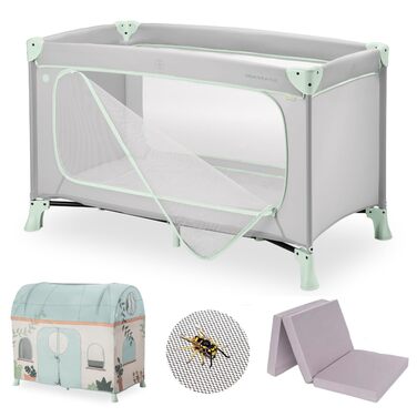 Дитяче дорожнє ліжечко hauck Dream N Play Plus XXL комплект аксесуарів з матрацом, ігровим тентом та сіткою від комах, складне та розкладне, сумка та великий вхід Dusty Mint