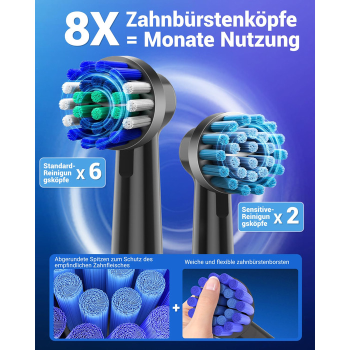 Обертова електрична зубна щітка для дорослих та дітей з 8 насадками, електрична зубна щітка з настінним тримачем та зарядною станцією, 5 режимів чищення та дорожній футляр, 60 днів роботи від акумулятора