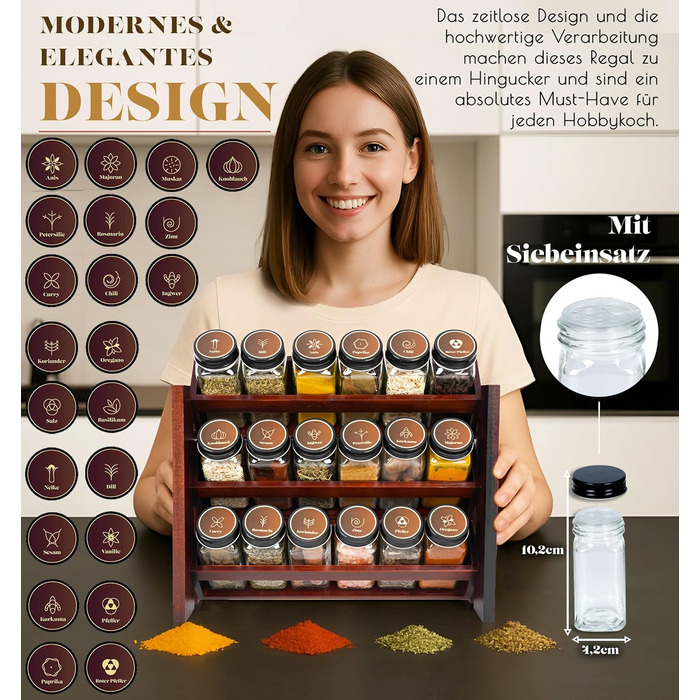 Елегантна підставка для спецій з темного дерева, настінна та настінна, 18 баночок для спецій, 25 етикеток, органайзер для спецій, підставка для спецій, кухонна полиця, вінтажна дерев&39яна підставка для спецій - підвісна система підставок для спецій - збе