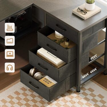 Кутовий письмовий стіл ODK з 4 шухлядами, 135100 см, L-подібний стіл з розеткою та портом зарядки USB, двосторонній стіл з місцем для зберігання для домашнього офісу та ігор, чорний 135 100 см