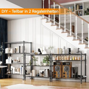 Рівнева дротяна полиця Himimi з колесами та ніжками, регульована по висоті, металева полиця для зберігання для кухні, ванної кімнати, спальні, вітальні, вантажопідйомність 500 кг, 90 * 45 * 183 см, чорна, 4-